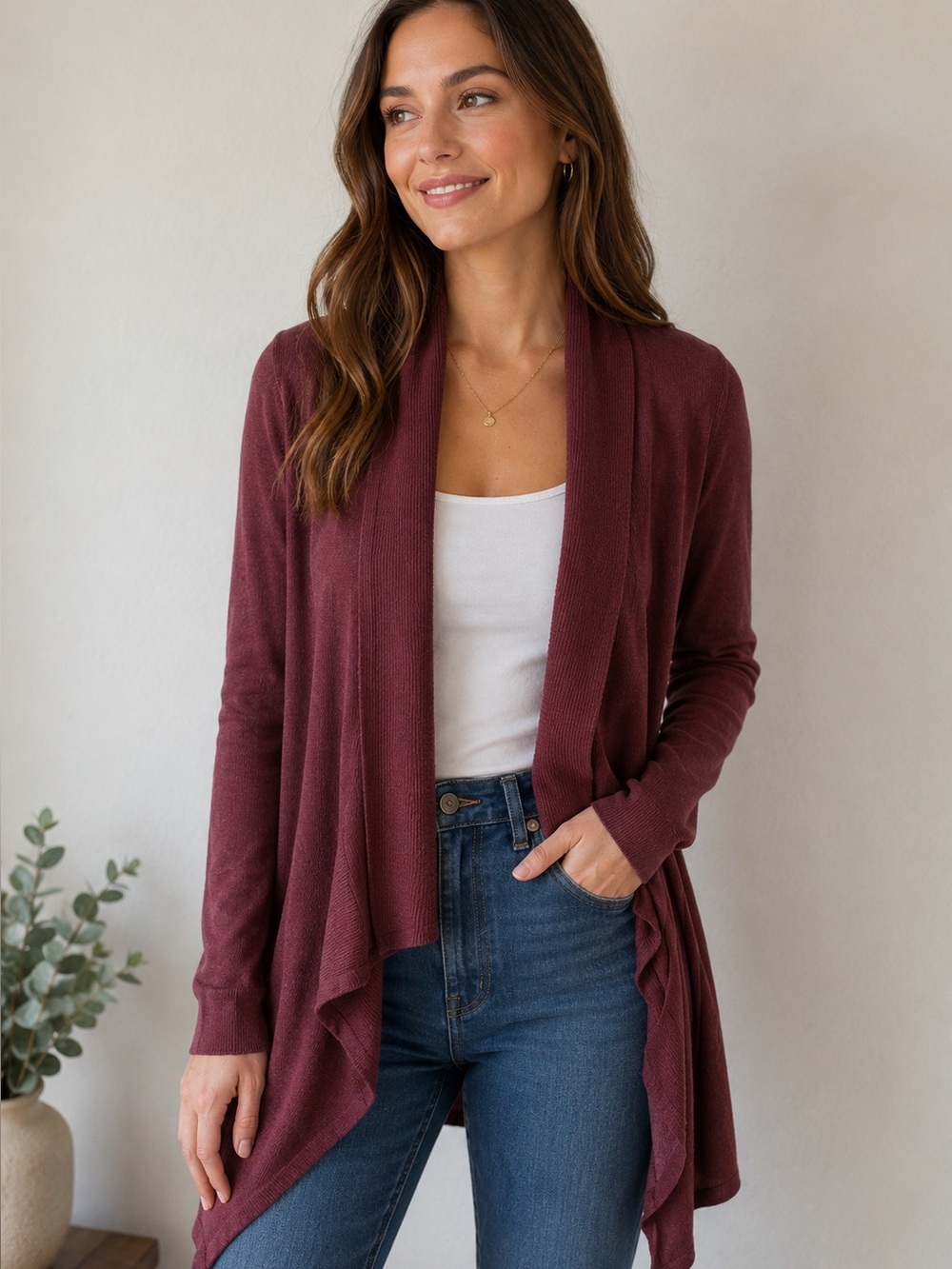 White House Black Market Maroon Open Cardigan